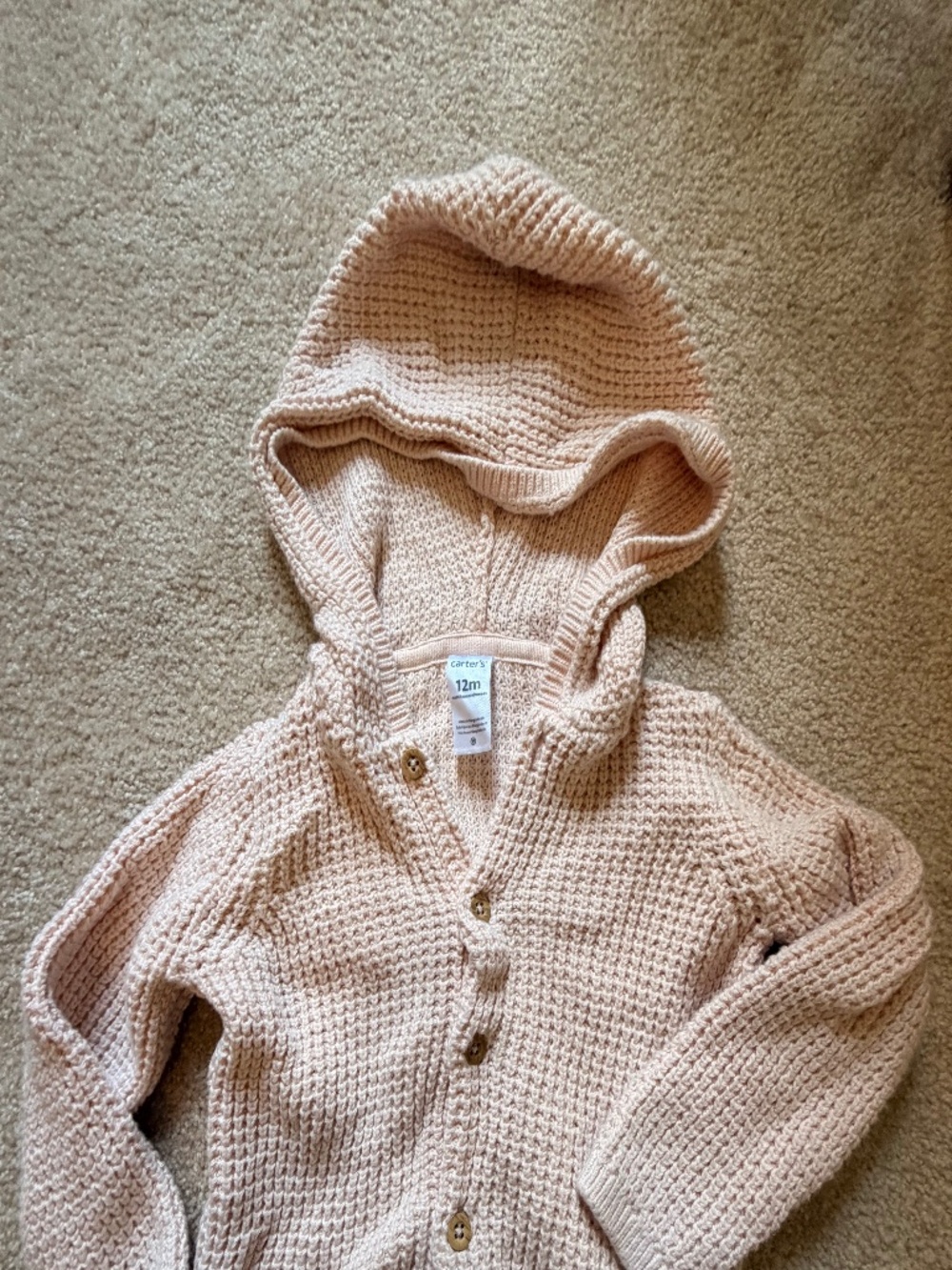 Carter’s Baby Girl 12M Pink Knit Hooded Cardigan Sweater Button Front Cotton